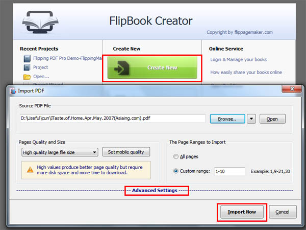 Import PDF in flipbook creator