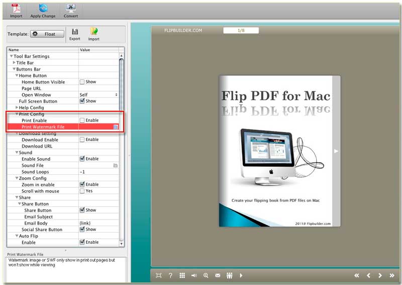 FlipBook Creator for MAC enables the watermark on the printed flipbook