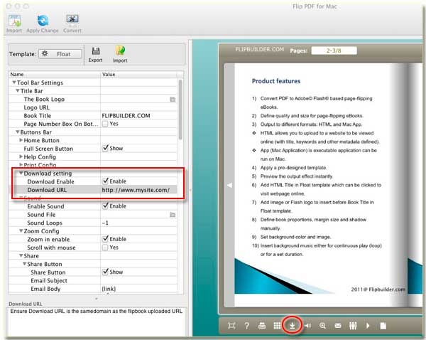 FlipBook Creator for MAC allows people download files or flipping book function