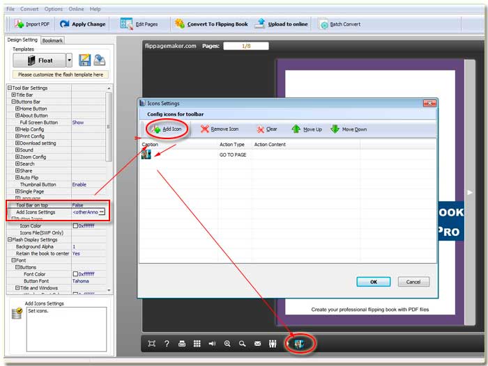 FlipBook Creator professional add icons settings append new icon on the menu list to custom your own function make the book unique