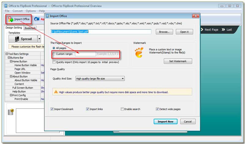 Office to FlipBook Creator Professional custome page importation range