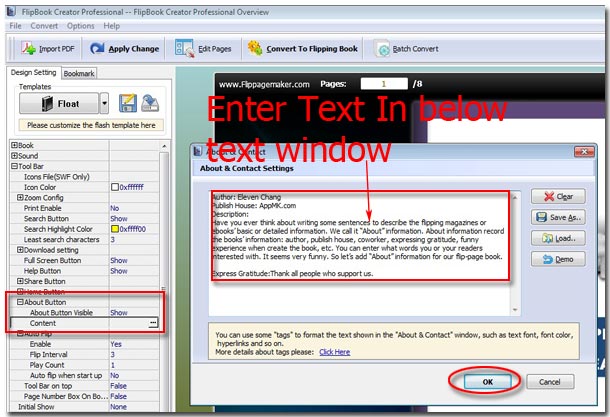 Enter text in the about text window editing box