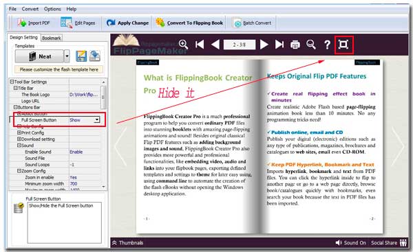 FlipBook Creator Neat template hide the button of full screen