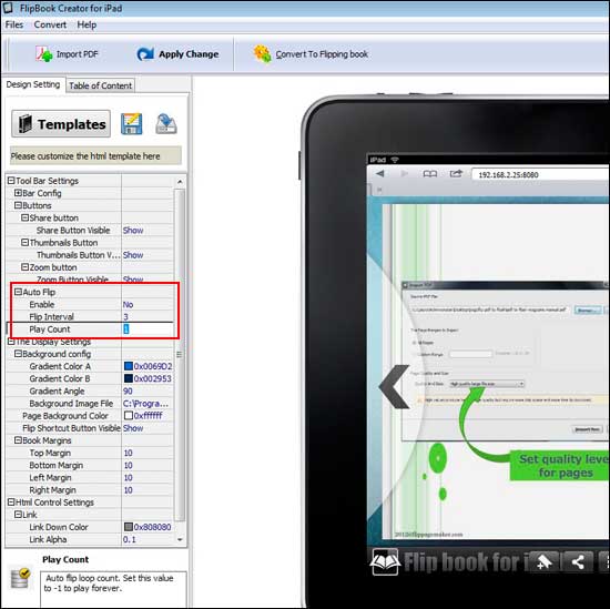 FlipBook Creator for iPad setup flip interval and Play Count