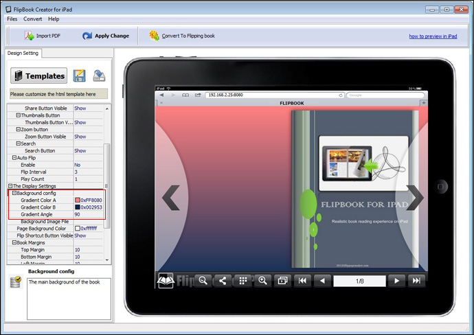 FlipBook Creator for iPad setup gradient color background