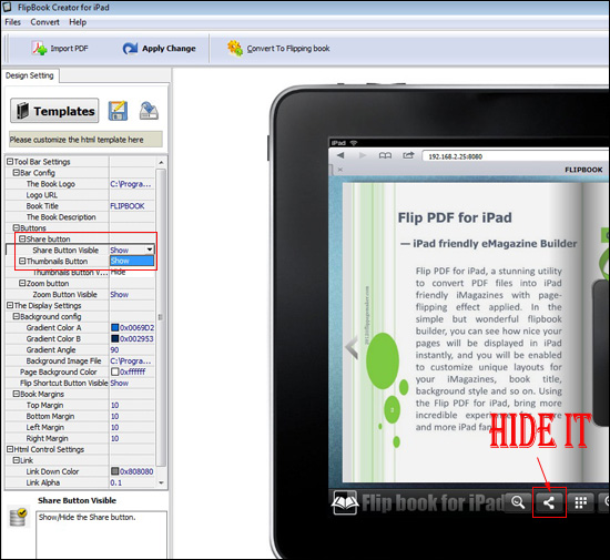 FlipBook Creator for iPad hide share button