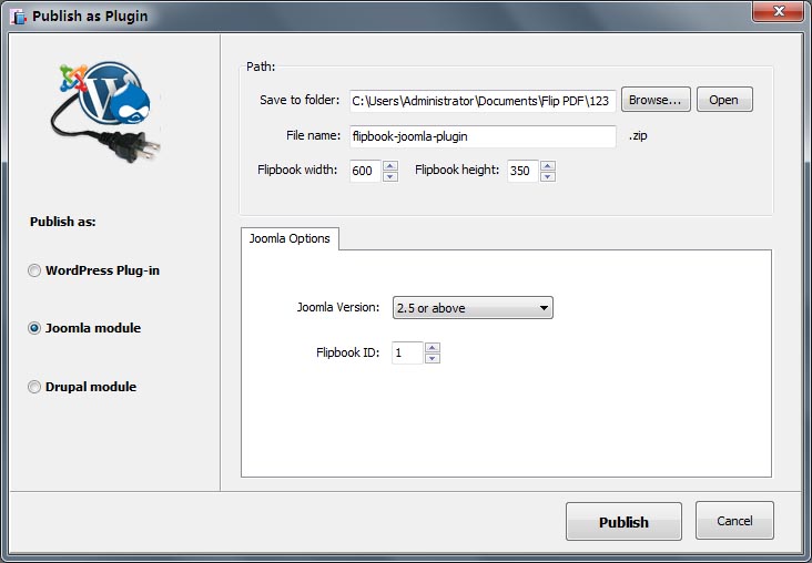 choose Publish flipbook as Joomla plug-in, define output folder and file name