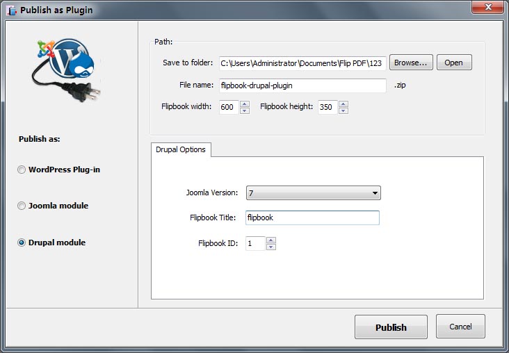 choose Publish flipbook as Drupal plug-in, define output folder and file name