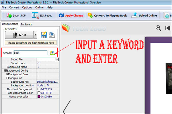 FlipBook Creator (Pro) settings search function