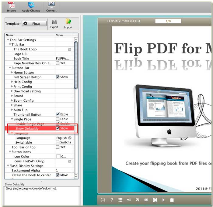 FlipBook Creator for MAC show single page initially replace the double flippage.