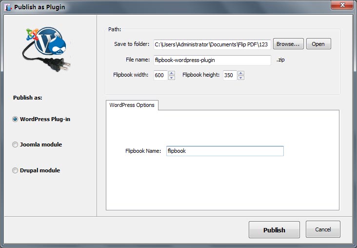 choose Publish flipbook as WordPress plug-in, define output folder and file name